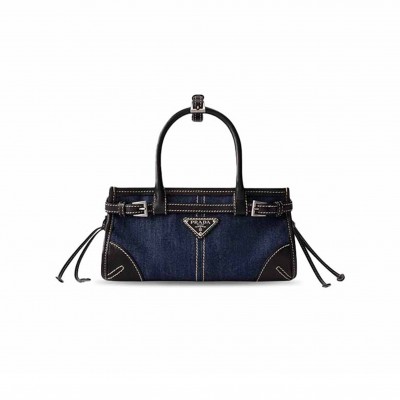 PRADA MINI TRIANGULAR METAL LOGO DENIM TOTE BAG 1BA486 (24*23*9cm)